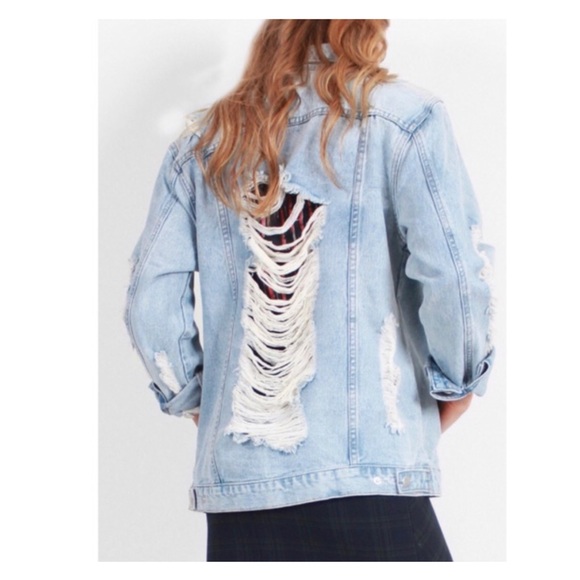 BOOM BOOM JEANS Destroyed Distressed Denim Jacket L - Picture 11 of 16